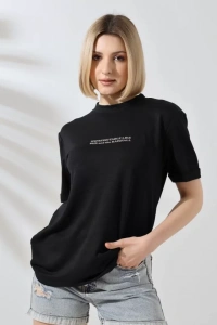 Unisex Bisiklet Yaka Baskılı Slim Fit T-Shirt - Siyah