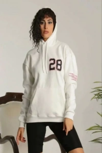 Unisex Kapşonlu Baskılı Sweetshirt - Beyaz