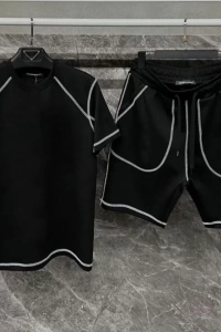 Unisex Karoyaka Dikişli Şortlu Takım - Siyah
