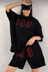 Unisex Nakış İşlemeli Şort Takım - Siyah