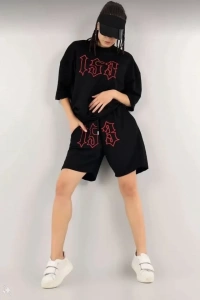 Unisex Nakış İşlemeli Şort Takım - Siyah