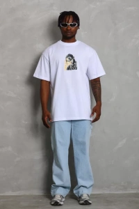 Unisex Oversize Baskılı Bisiklet Yaka T-Shirt - Beyaz