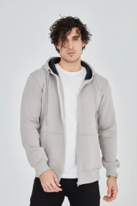 Unisex Tam Fermuarlı Kapşonlu  SweatShirt - Boyalı Gri