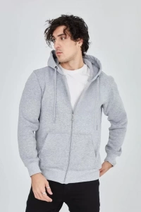Unisex Tam Fermuarlı Kapşonlu  SweatShirt - Gri