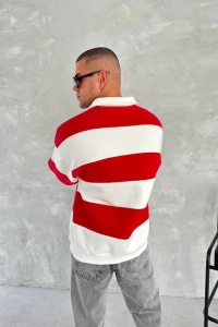 Unisex Üç İplik Parçalı Yakalı SweatShirt - Kırmızı