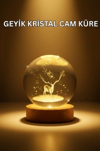 USB Bağlantılı Geyik Temalı Kristal Küre Premium Masa Gece Lambası