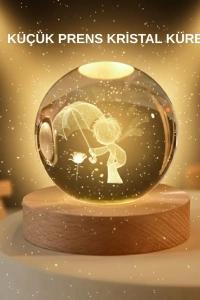 USB LED 3D Küçük Prens Kristal Küre Ahşap Standlı Gece Lambası