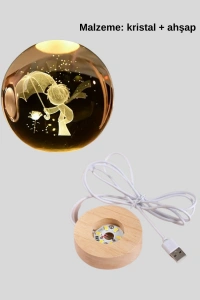 USB LED 3D Küçük Prens Kristal Küre Ahşap Standlı Gece Lambası