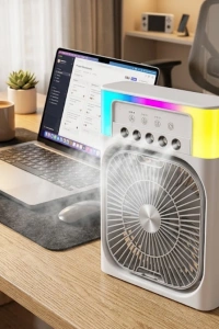 USB Şarjlı Masaüstü Soğutucu Fan Su Püskürtmeli Renkli Işıklı