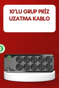USB Type-C Destekli 10’lu Grup Priz Termal Korumalı 2m Kablo 2500W