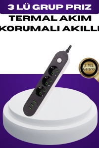 USB Yuvalı Anahtarlı Üçlü Priz 2 Metre Kablolu