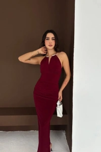 Uzun Abiye Elbise Yırtmaçlı Sırt Dekolteli Şık Gece Elbisesi - Bordo