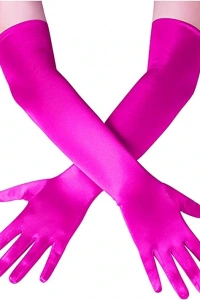 Uzun Boy Ekstra Parlak Saten Eldiven Fuşya Renk