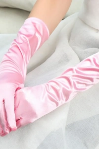 Uzun Boy Ekstra Parlak Saten Eldiven Pembe Renk