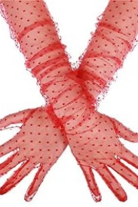 Uzun Boy Kırmızı Puantiyeli Kırmızı Renk Yetişkin Tül Eldiven