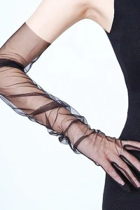 Uzun Boy Likralı Siyah Yetişkin Mega Tül Eldiven
