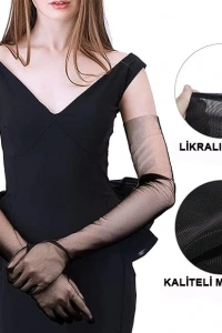 Uzun Boy Likralı Siyah Yetişkin Mega Tül Eldiven