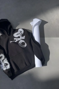 Uzun Kol Kapşonlu Baskılı SweatShirt - Siyah