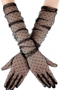 Uzun Siyah Puantiyeli Yetişkin Tül Eldiven