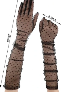 Uzun Siyah Puantiyeli Yetişkin Tül Eldiven