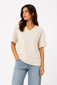V Yaka Basic Tişört Kısa Kol Yazlık Regular Fit T-Shirt - Bej