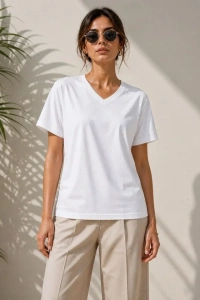 V Yaka Basic Tişört Kısa Kol Yazlık Regular Fit T-Shirt - Beyaz
