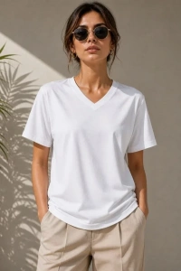 V Yaka Basic Tişört Kısa Kol Yazlık Regular Fit T-Shirt - Beyaz