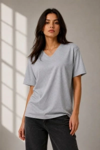 V Yaka Basic Tişört Kısa Kol Yazlık Regular Fit T-Shirt - Gri