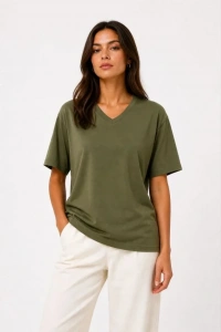 V Yaka Basic Tişört Kısa Kol Yazlık Regular Fit T-Shirt - Haki