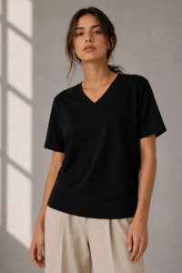V Yaka Basic Tişört Kısa Kol Yazlık Regular Fit T-Shirt - Siyah