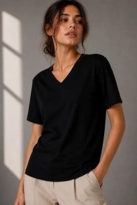 V Yaka Basic Tişört Kısa Kol Yazlık Regular Fit T-Shirt - Siyah