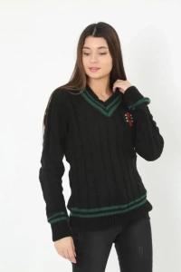 V Yaka Örgülü Kazak - Siyah