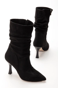 VRT-024 Siyah Süet Yüksek İnce Topuklu Körüklü Fermuarlı  Kadın Bot