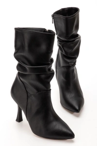 VRT-024 Siyah Yüksek İnce Topuklu Körüklü Fermuarlı  Kadın Bot