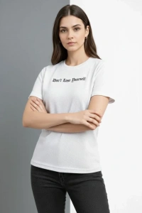 Wafıl Kumaş Tişört Regular Kalıp Bisiklet Yaka Baskılı Günlük Basic T-Shirt - Beyaz