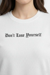 Wafıl Kumaş Tişört Regular Kalıp Bisiklet Yaka Baskılı Günlük Basic T-Shirt - Beyaz