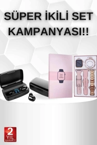 Wireless Şarjlı Pembe Akıllı Saat ve Kablosuz Bluetooth Kulaklık Dokunmatik Kontrol