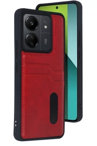 Xiaomi Redmi 13C Kılıf Sara Kartvizitli Deri Kılıf - Kırmızı