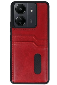 Xiaomi Redmi 13C Kılıf Sara Kartvizitli Deri Kılıf - Kırmızı
