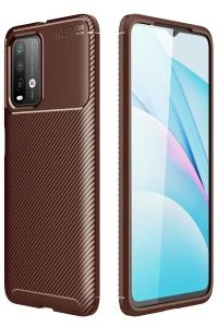 Xiaomi Redmi 9T Kılıf Auto Focus Karbon Kapak - Kahverengi