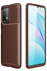 Xiaomi Redmi 9T Kılıf Auto Focus Karbon Kapak - Kahverengi