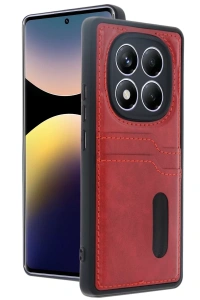 Xiaomi Redmi Note 14 Pro 5G Kılıf Sara Kartvizitli Deri Kılıf - Kırmızı