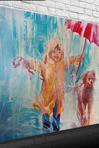 Yağmurda Koşan Çocuk ve Köpeği Kanvas Tablo 50 x 70