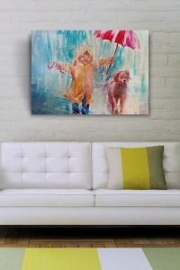 Yağmurda Koşan Çocuk ve Köpeği Kanvas Tablo 50 x 70