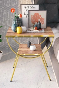 Yan Sehpa Komodin Metal Ayak Çift Gold Ceviz