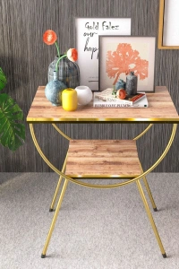 Yan Sehpa Komodin Metal Ayak Çift Gold Ceviz