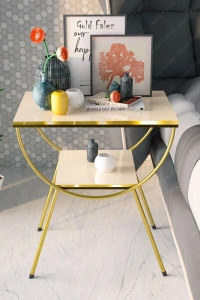 Yan Sehpa Komodin Metal Ayak Çift Gold Krem