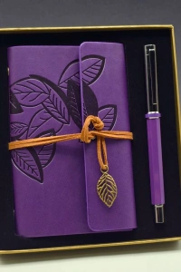 Yaprak Desenli Mor Deri Defter Ve Metal Roller Kalem Seti