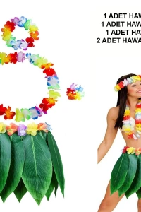 Yetişkin Hawaii Kostüm Seti - Yaprak Etek & Hawaii Set - 5 Parça
