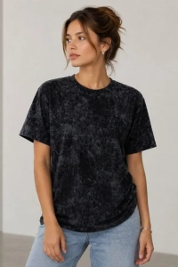 Yıkamalı Washed Effect Tişört Bisiklet Yaka Sokak Stil Kısa Kol T-Shirt - Siyah